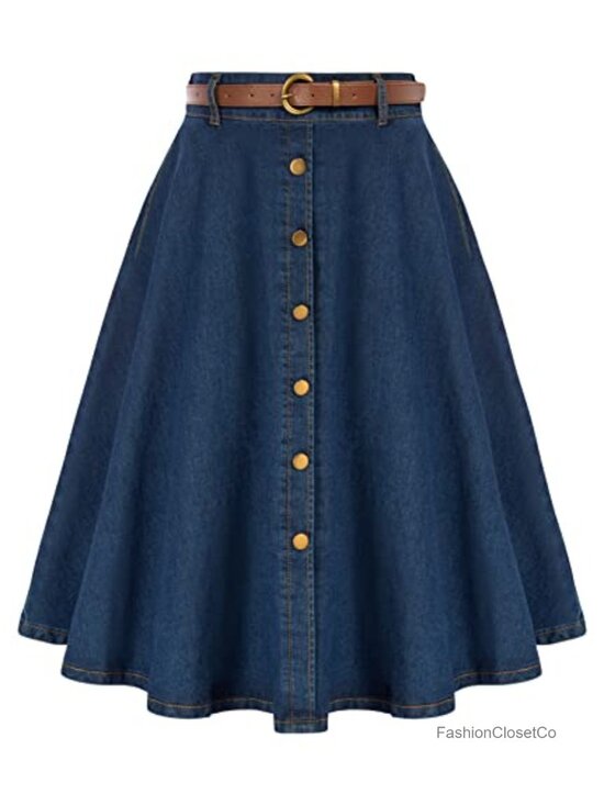 Dresses & Skirts - Denim Midi Skirt High Waist A-Line Vintage Below Knee Pockets Belt